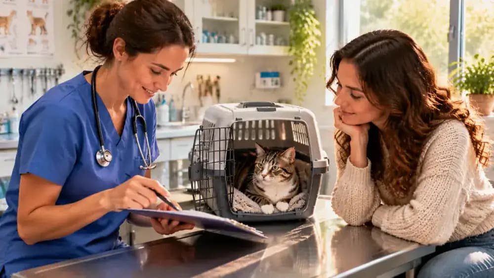 A veterinarian and cat owner reviewing a care checklist beside a calm cat resting in its carrier, discussing professional care options and alternative approaches at home.