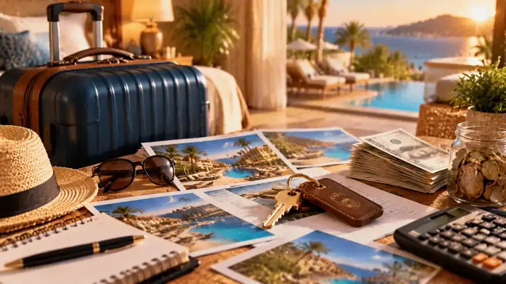Suitcase beside hotel, vacation rental, and travel savings items.
