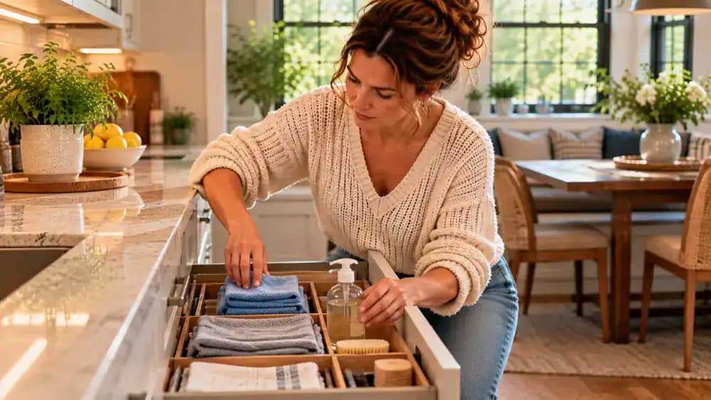 Homeowner organizing clean microfiber cloths and mild dish soap in a kitchen drawer, storing a wooden cutting board and heat-resistant trivets nearby, separating abrasive cleaners, and blotting a water droplet from a light gray engineered quartz countertop.