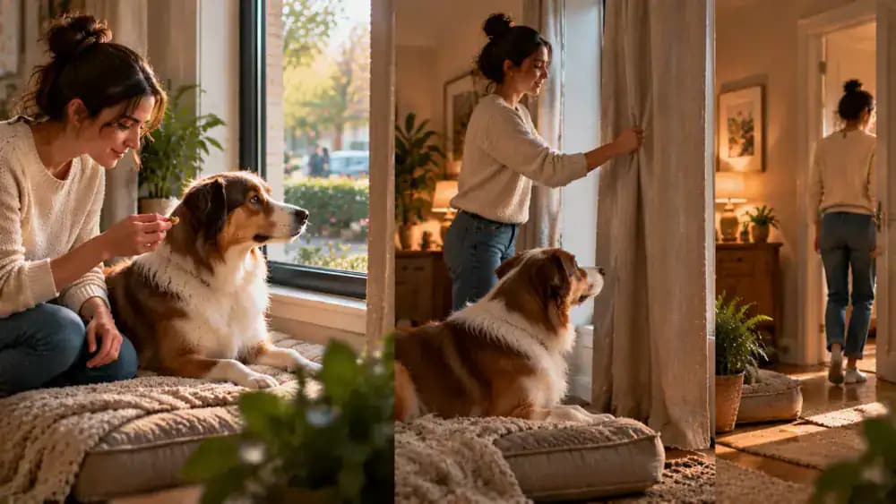 Owner praising a dog resting calmly on its bed and occasionally offering a treat before closing the curtain to maintain a supportive environment when leaving the room.