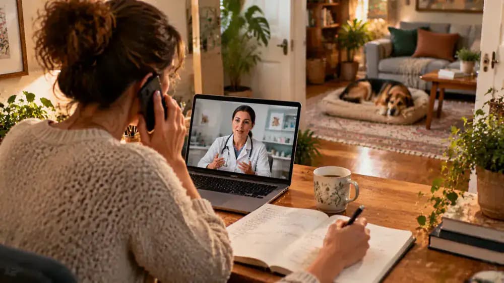Owner reviewing a dog behavior log and calendar at a desk while speaking with a veterinary professional by phone, with the adopted dog resting safely in another room.