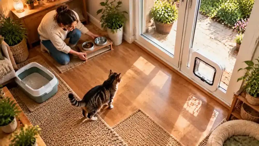 Two household members review a training checklist and demonstrate calm, consistent behavior while their cat approaches the pet flap voluntarily.