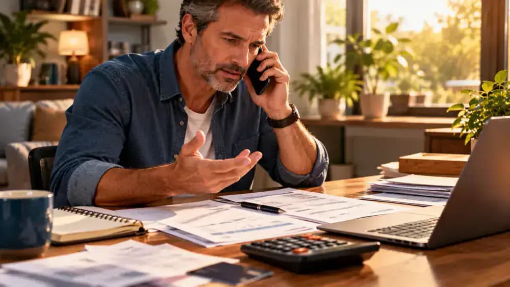 Concerned consumer contacting a financial institution using a smartphone while reviewing transaction paperwork.