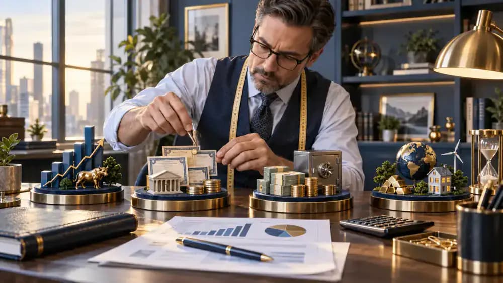 Skilled tailor using precision instruments to adjust several miniature investment portfolios with different asset combinations.