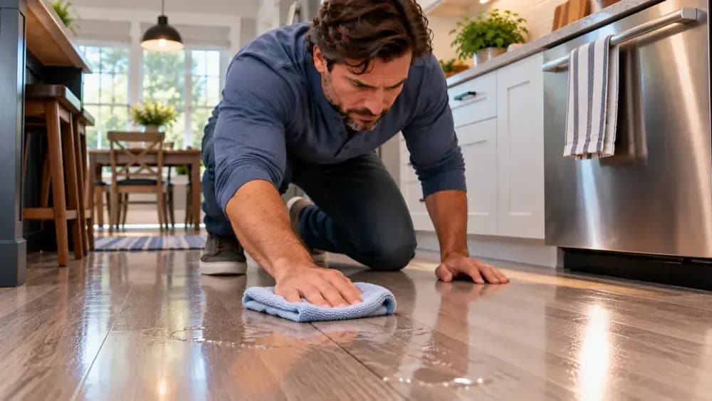 Adult homeowner drying a countertop seam with a clean towel after a small water spill reaches the edge joint