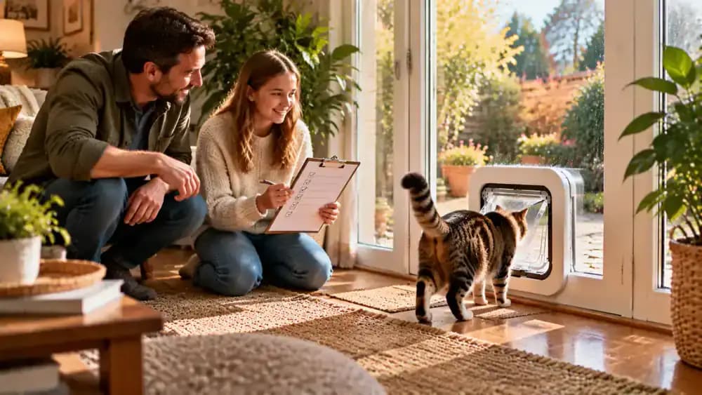 A cat confidently uses a pet flap and settles on a favorite indoor cushion while its owner checks the doorway in the warm evening light.