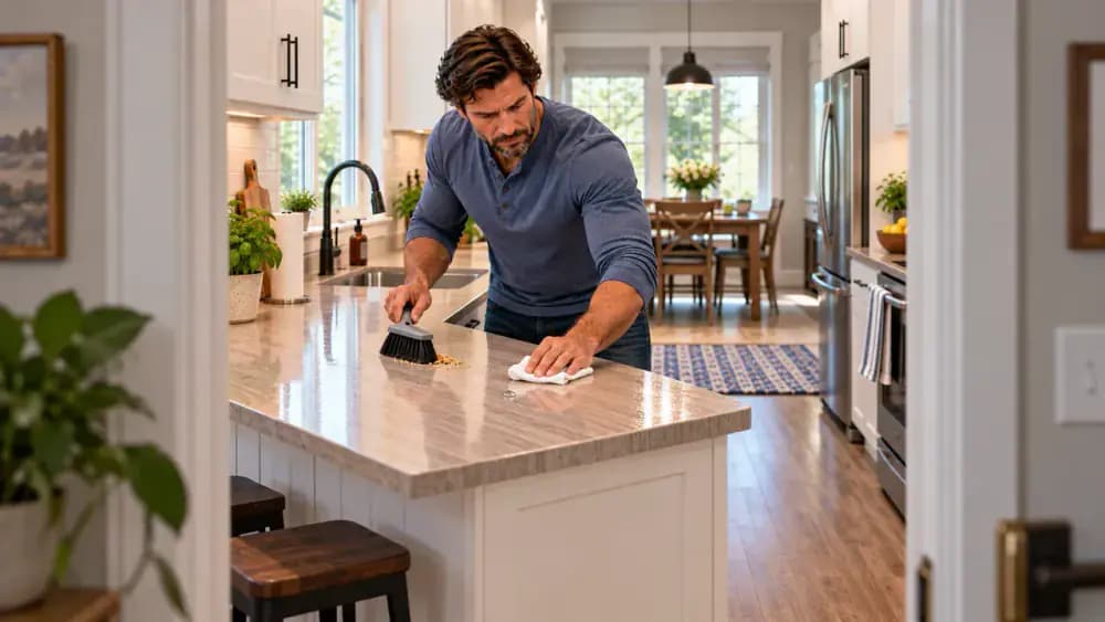 Adult homeowner cleaning a dry laminate kitchen countertop after brushing away crumbs and blotting a small water drop with a cloth