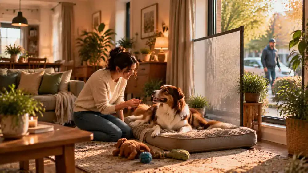 Owner preparing small treats beside a partially screened living room window and inviting the dog onto its mat as a pedestrian passes outside, then rewarding the dog for calmly turning away.