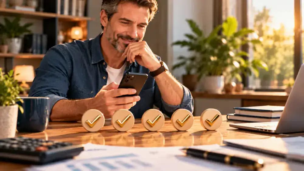 Confident consumer reviewing a smartphone beside five checkmark-shaped tokens representing important payment safety precautions.