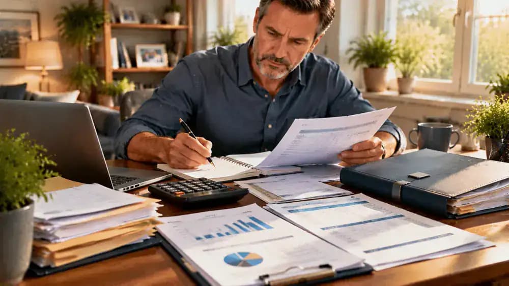 Organized financial documents, calculator, legal folder, and household budget on a bright desk.