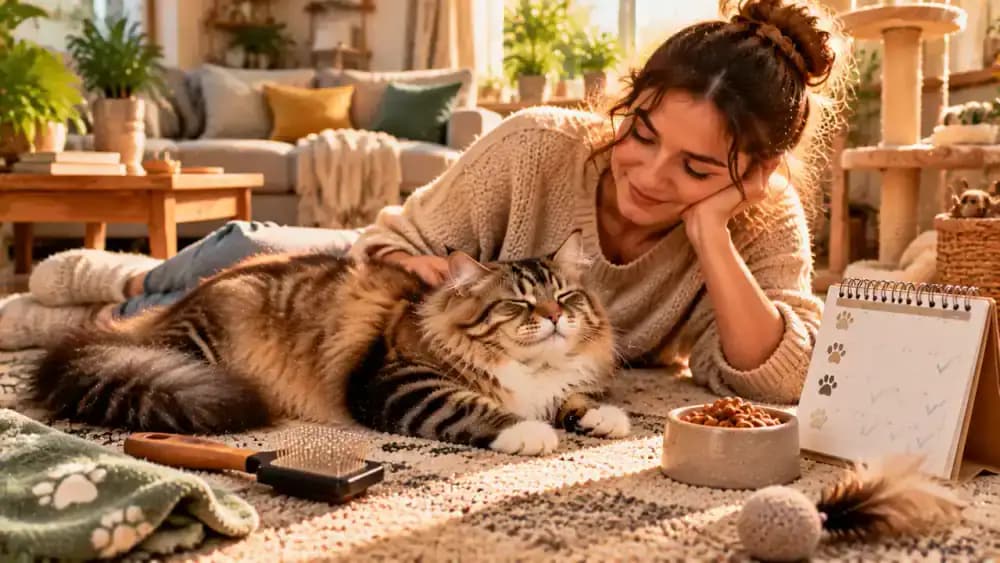 Owner checking a grooming calendar, preparing a suitable brush, and rewarding a relaxed long-haired cat after a gentle session, with the cat resting beside its owner.