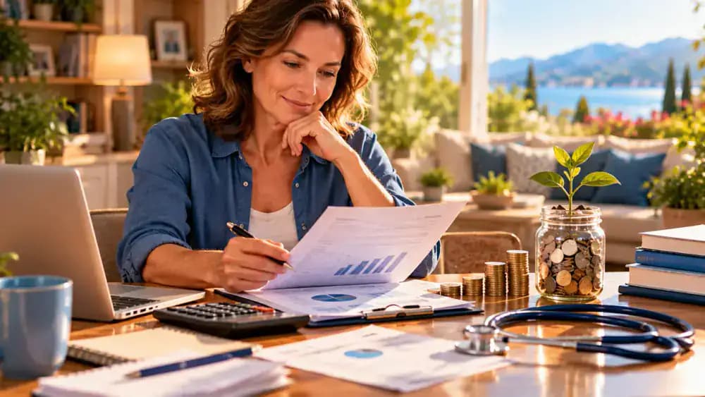 Confident adult reviewing an organized healthcare savings plan with coins and a small growing plant.