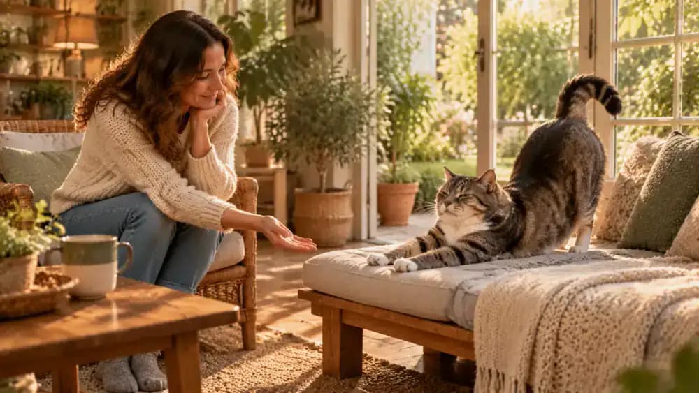 An older cat resting comfortably on a padded bench in a quiet garden room while its owner offers an open hand, then allows the cat to stretch and settle without touching it.