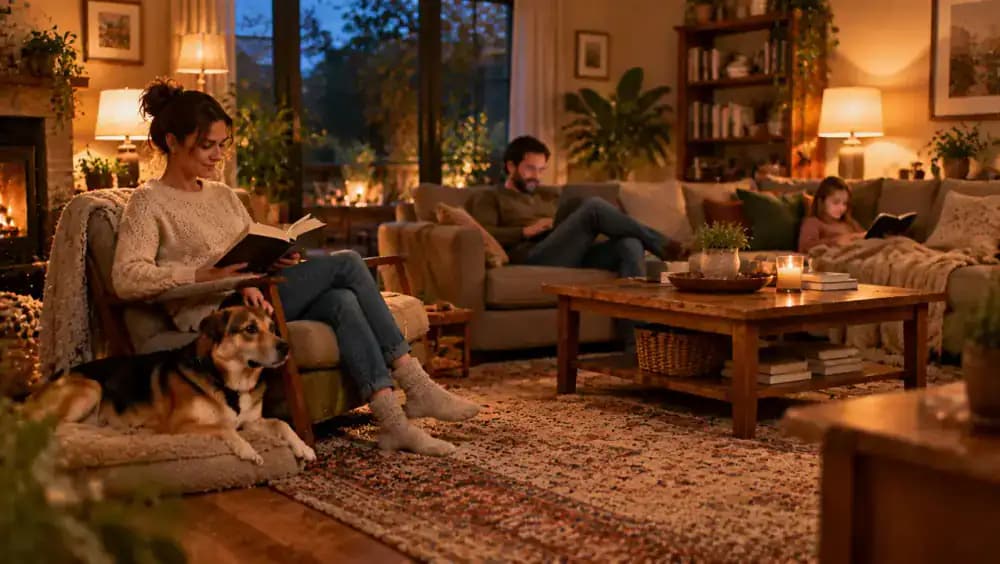 Newly adopted dog relaxing on a living room rug near family members enjoying quiet activities before voluntarily approaching and settling beside one person's chair.