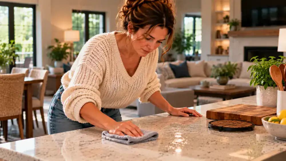 Wide view of a modern American kitchen with a naturally clean light gray engineered quartz countertop as a homeowner blots water droplets with microfiber, positions a wooden cutting board and silicone trivet, and checks organized quartz-safe cleaning supplies.