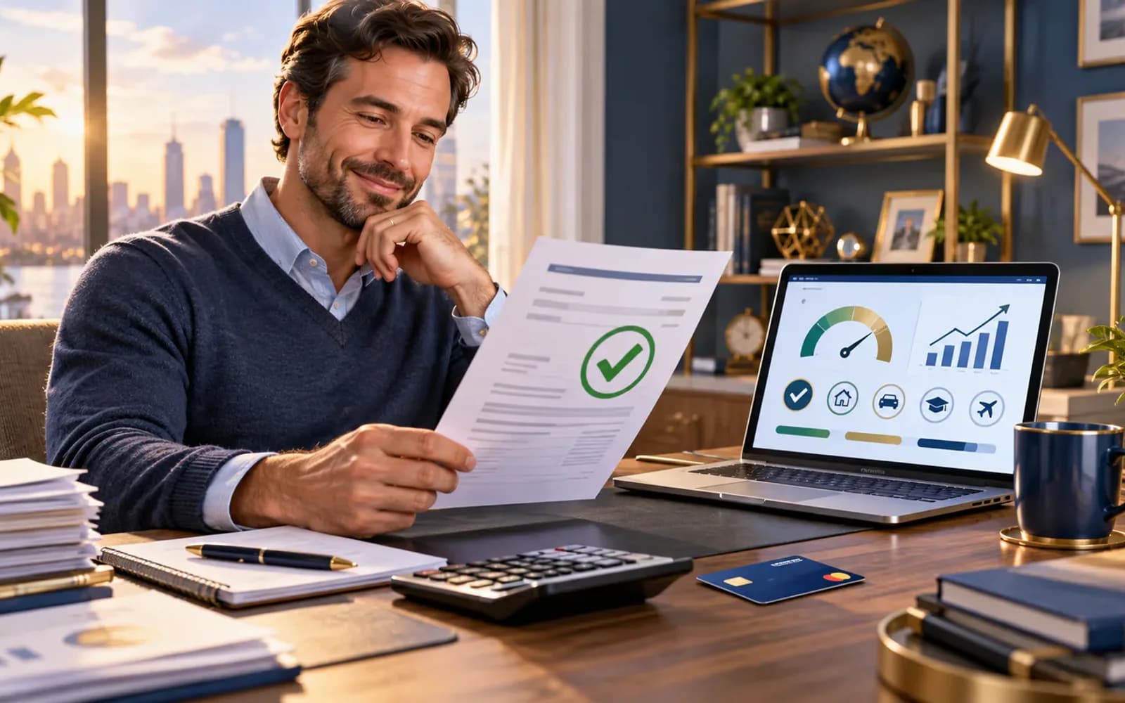 Confident consumer with paid credit card statement and healthy financial dashboard