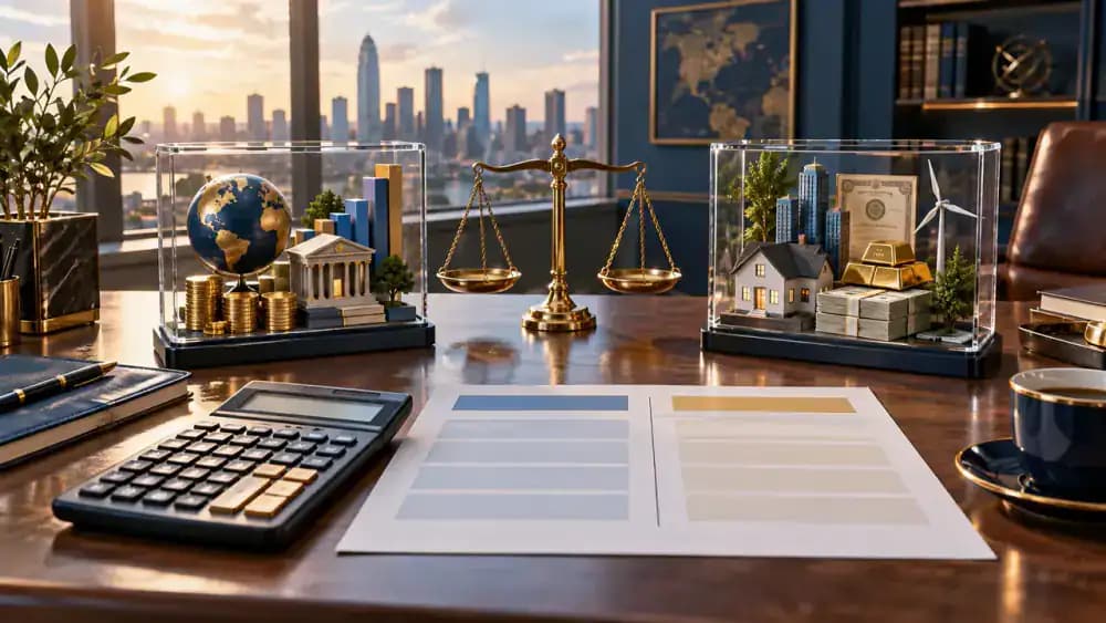 Calculator beside two transparent investment portfolios, balanced scales, and a blank comparison worksheet.