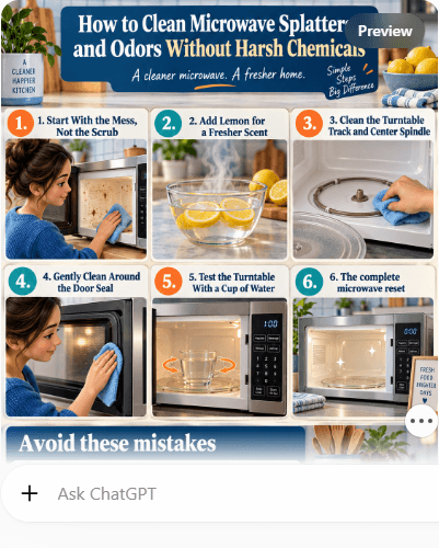 How-to infographic showing the safe steps for How to Clean Microwave Splatters and Odors Without Harsh Chemicals