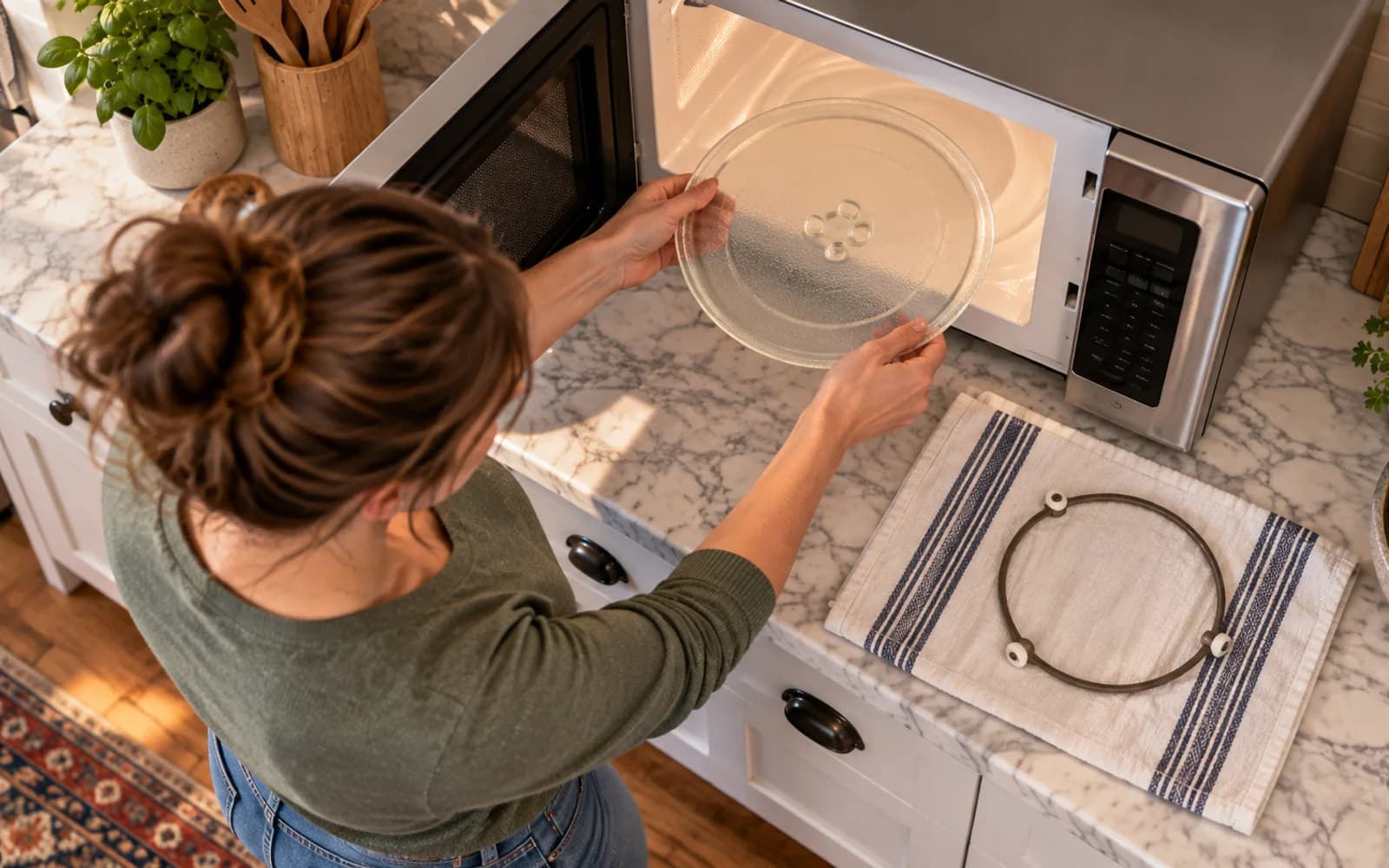 Top-down view of a glass microwave turntable and roller ring being removed and placed on a folded kitchen towel before cleaning.