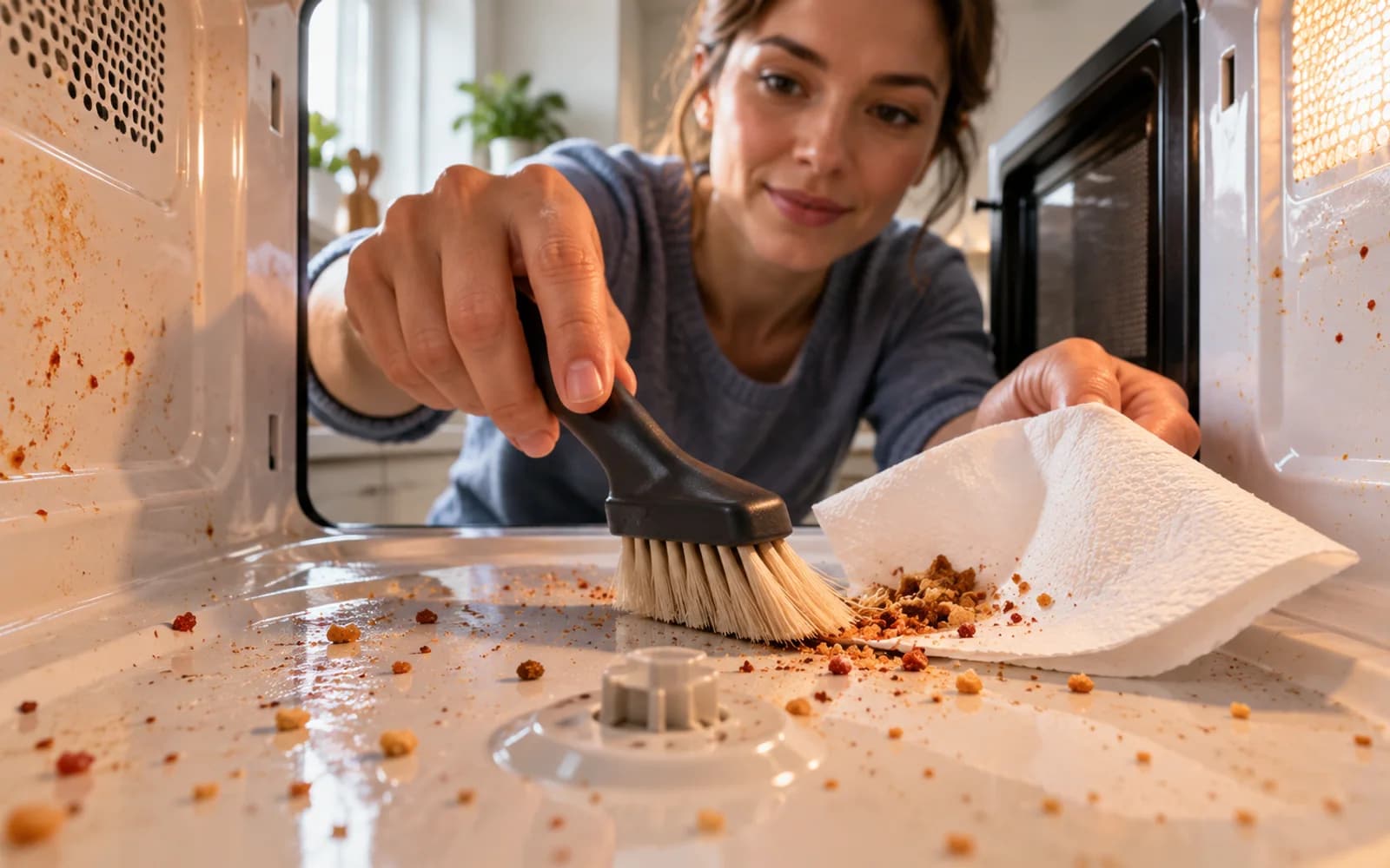Close-up of a soft brush sweeping dry food crumbs from the microwave floor into a folded paper towel before wet cleaning.