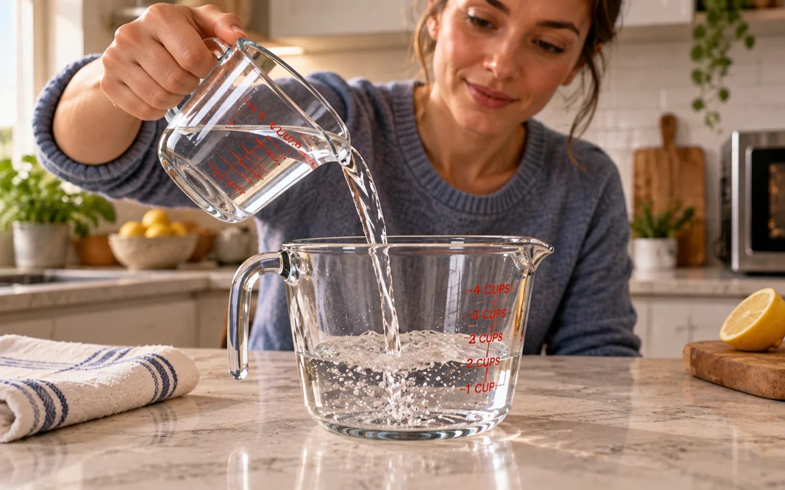 One cup of water being poured into a large clear microwave-safe measuring cup with generous empty space above the water.