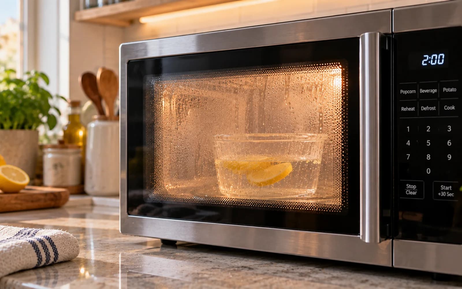 Oven-mitted hands carefully removing a steaming bowl from a microwave and placing it on a heat-safe trivet.