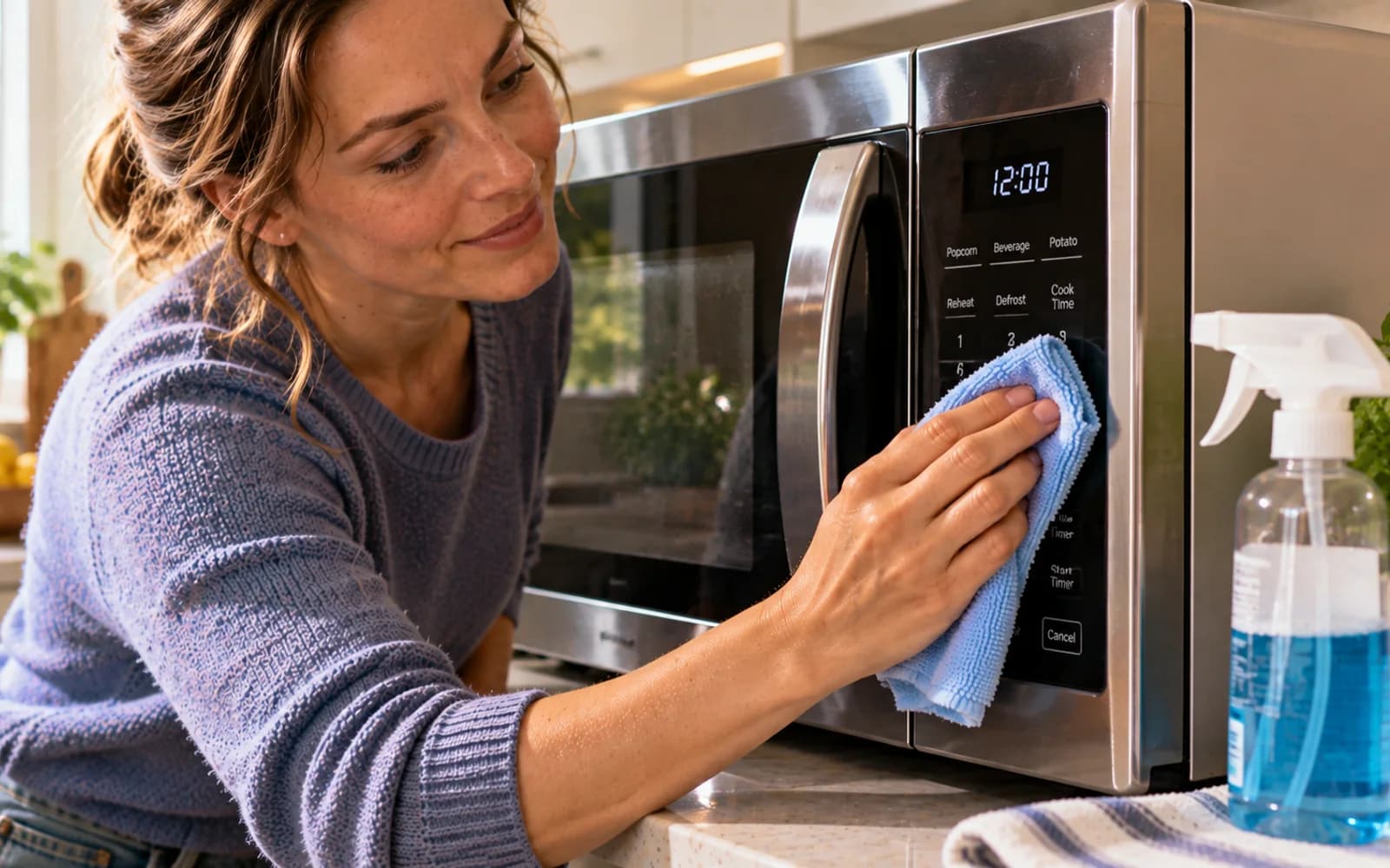 Small open bowl of baking soda inside a clean, unplugged microwave at night, left in place to absorb lingering odors without heating.