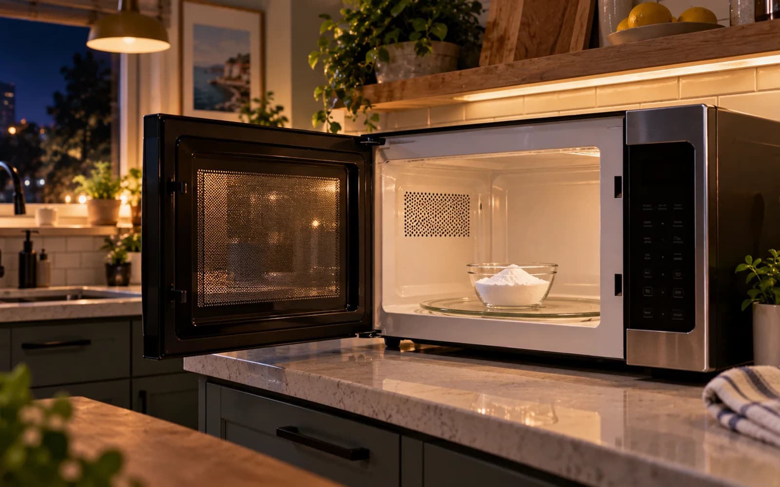 Clean microwave with its door left open for airflow while the dry glass turntable and roller ring wait on the kitchen counter nearby.