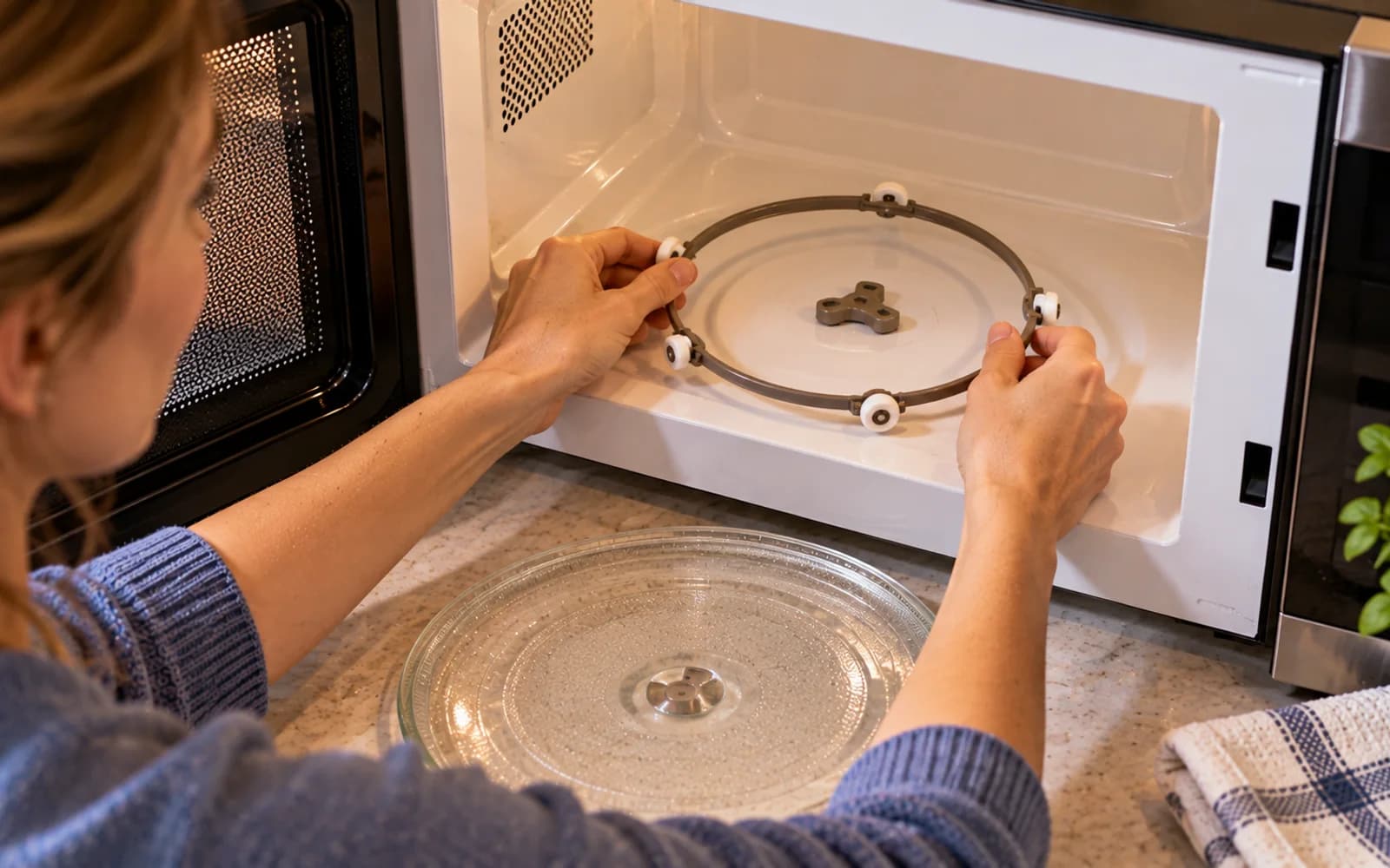 Flashlight inspection of a microwave interior checking vents, seams, openings, and the floor for pooled water or visible moisture before reconnecting power.