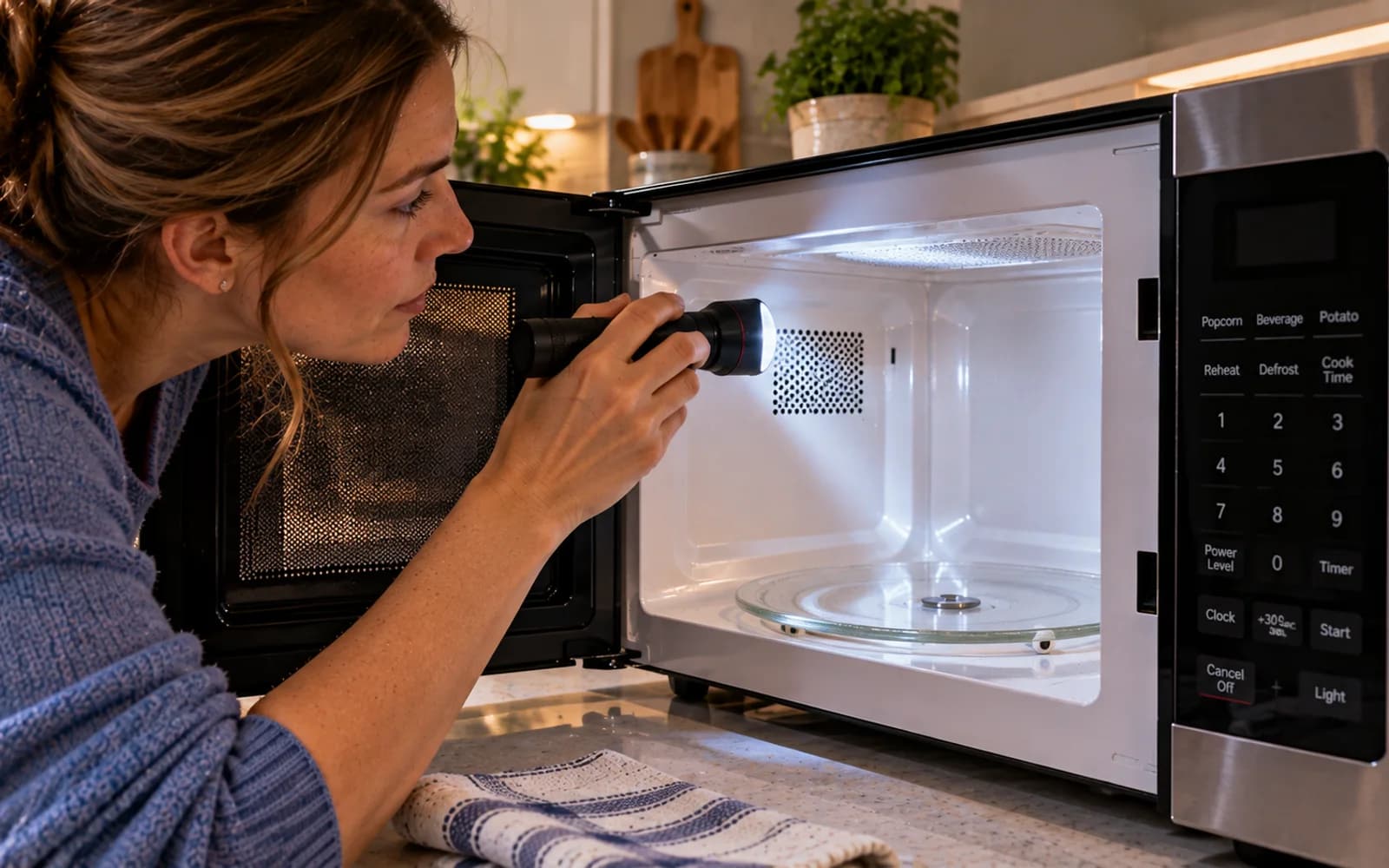 Microwave operating with a microwave-safe cup of water centered on the rotating glass turntable during a brief post-cleaning test.
