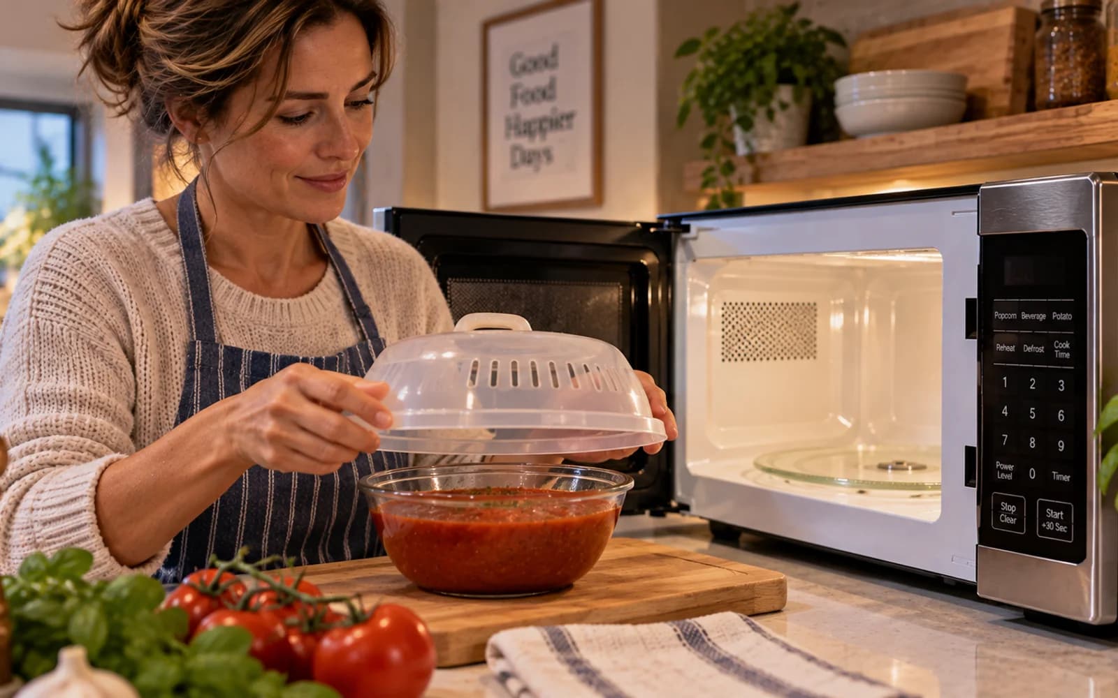 Fresh sauce splash being wiped from the cool interior of a microwave with a damp cloth before another heating cycle.