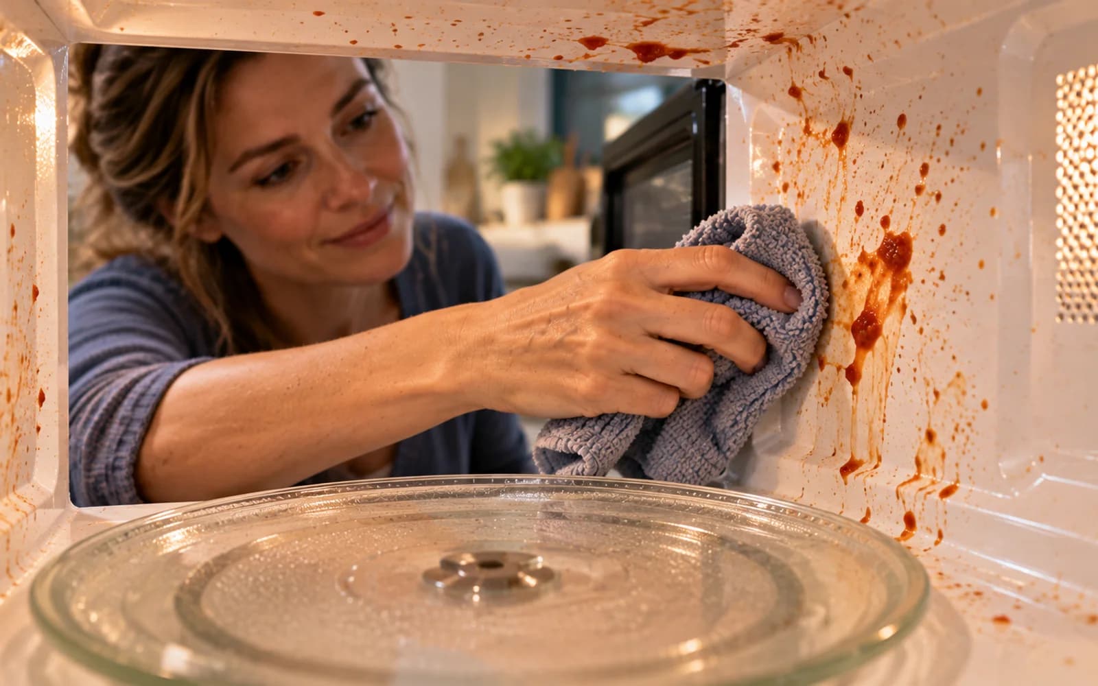 Clean microwave left open briefly after reheating fish to release lingering food odors, with no fragrance sprays nearby.