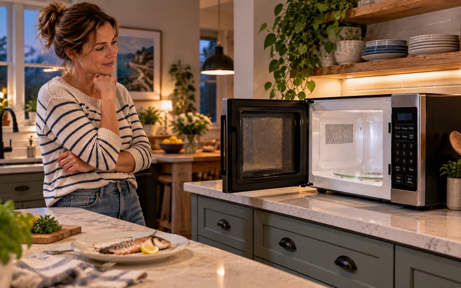 Person unplugging a microwave with a visibly damaged door while a warning symbol indicates that cleaning should stop and servicing is needed.