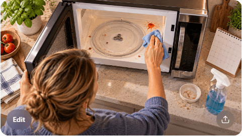 Split-screen before-and-after view of the same microwave, showing a dirty interior beside clean dry surfaces with the turntable neatly reinstalled.