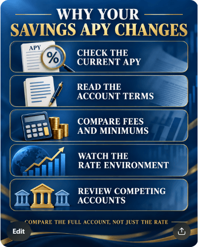 Five-step infographic explaining how to evaluate changing high-yield savings account rates by checking APY, terms, fees, interest-rate conditions and competing accounts.