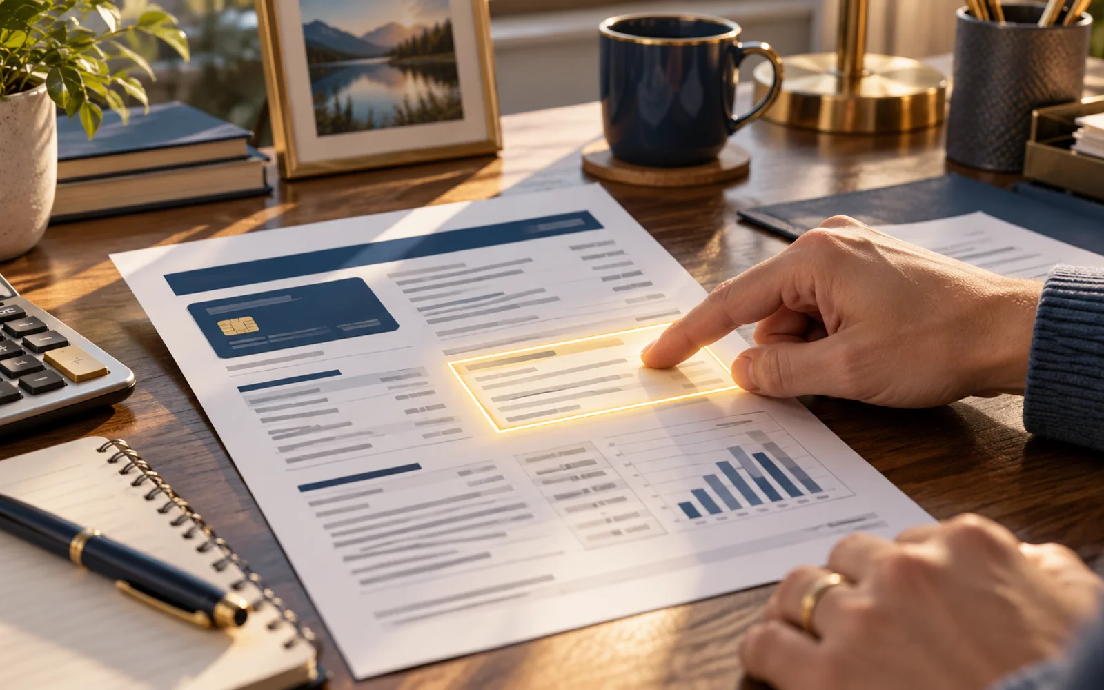 Credit card statement on a desk with repayment disclosure highlighted
