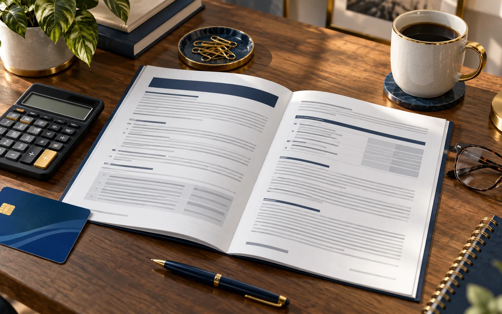 Cardholder agreement and calculator being reviewed