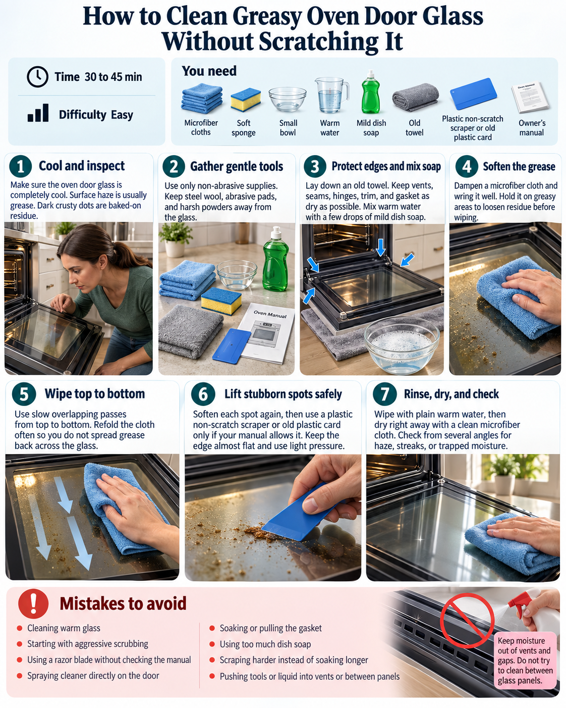 How-to infographic showing the safe steps for How to Clean Greasy Oven Door Glass Without Scratching It