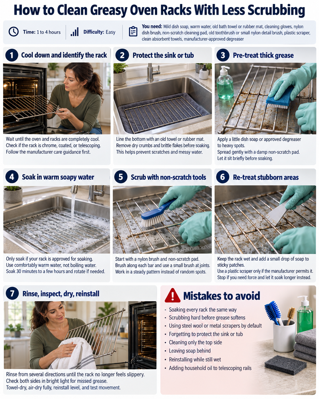 How-to infographic showing the safe steps for How to Clean Greasy Oven Racks With Less Scrubbing