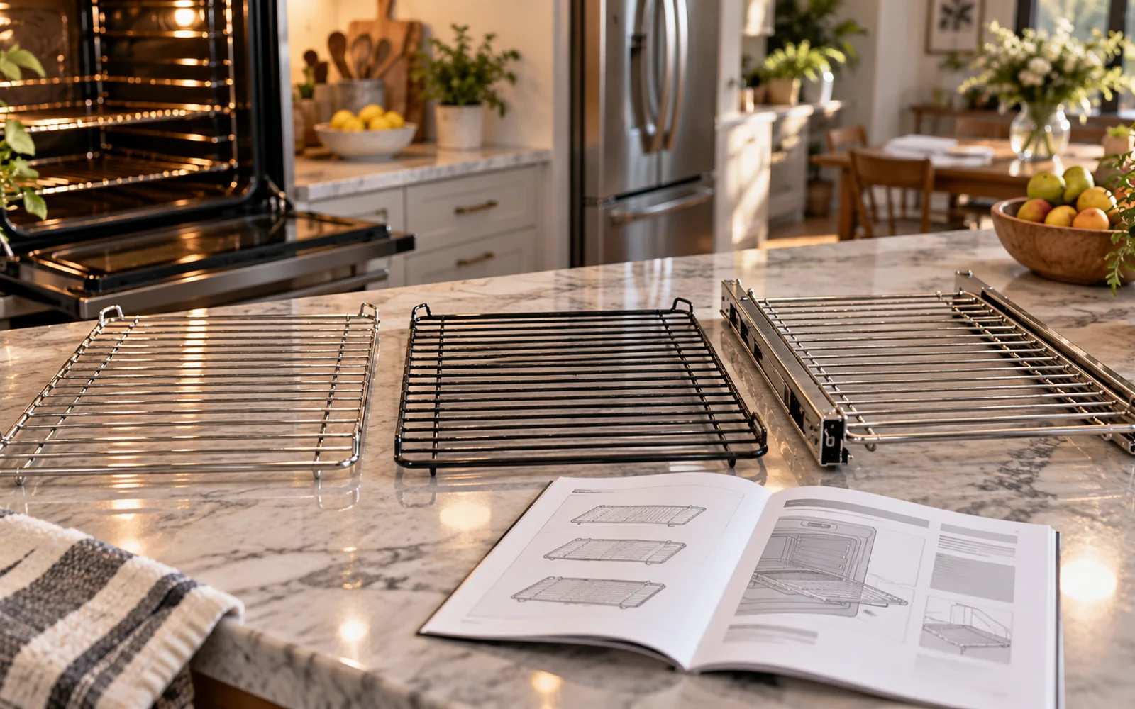 Chrome, coated, and telescoping oven racks shown beside an appliance manual
