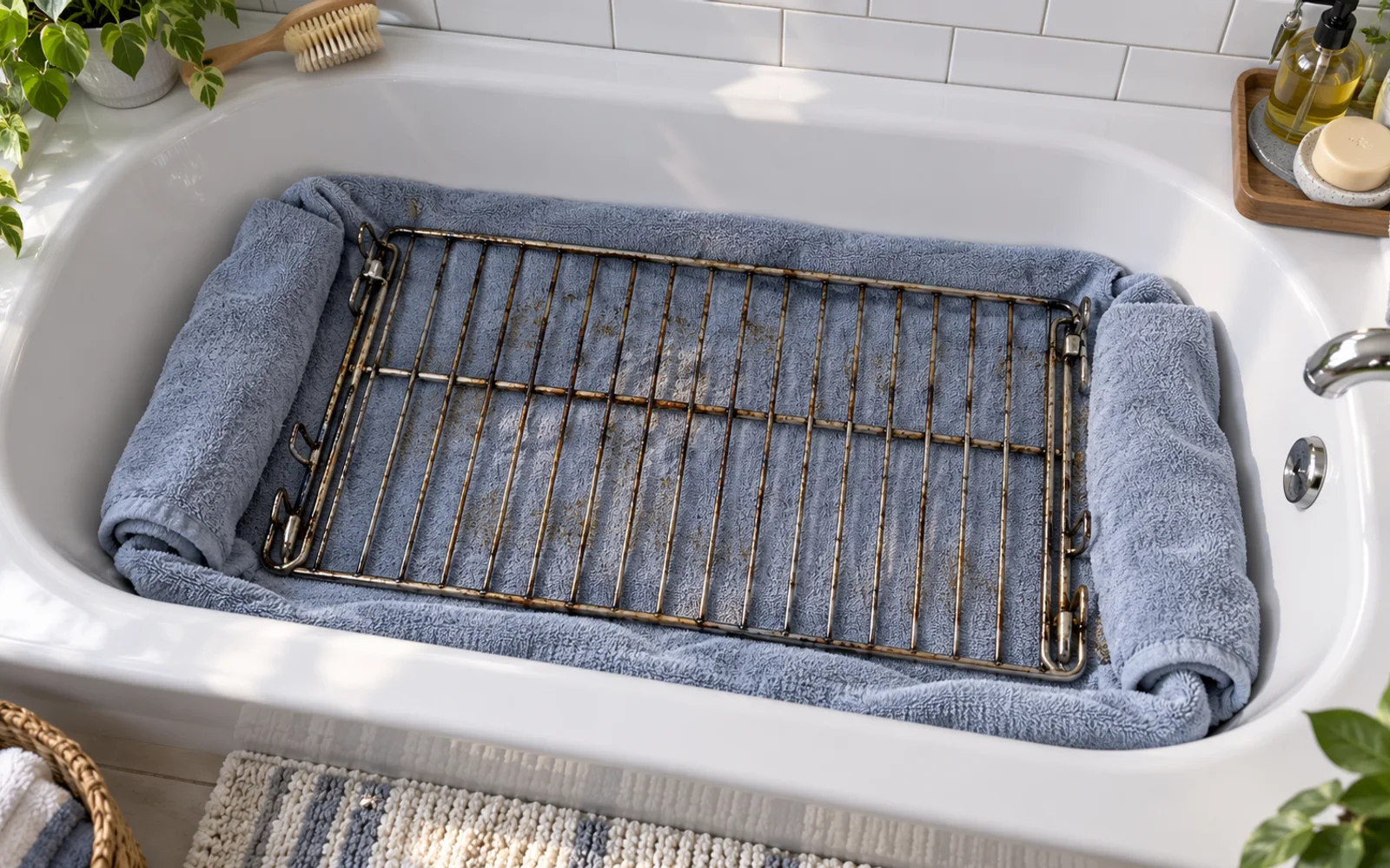 Oven rack resting on an old towel inside a protected bathtub