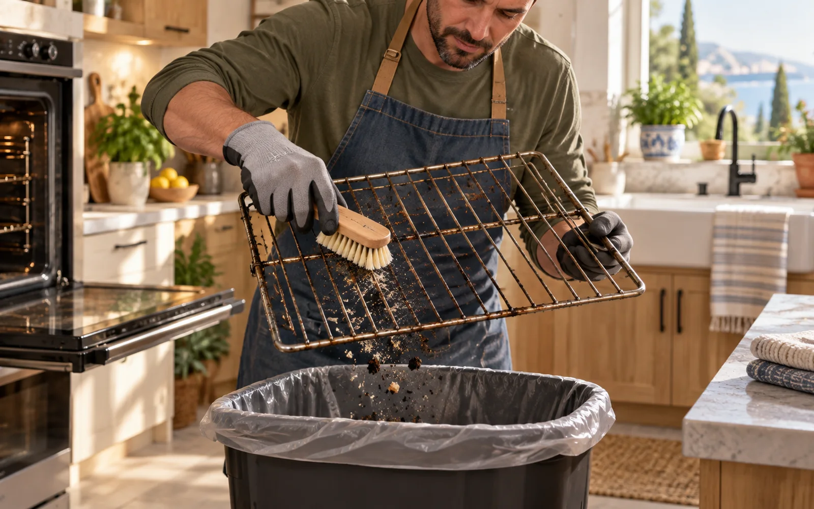 Dry nylon brush removing food crumbs from an oven rack over a trash can