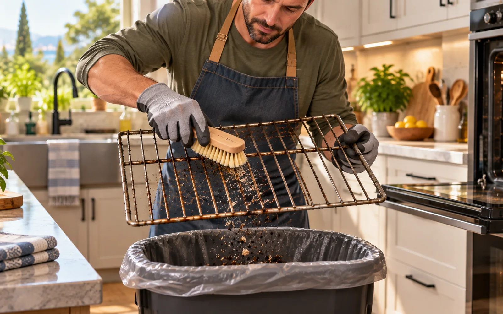 Dish soap being applied directly to thick grease on an oven rack