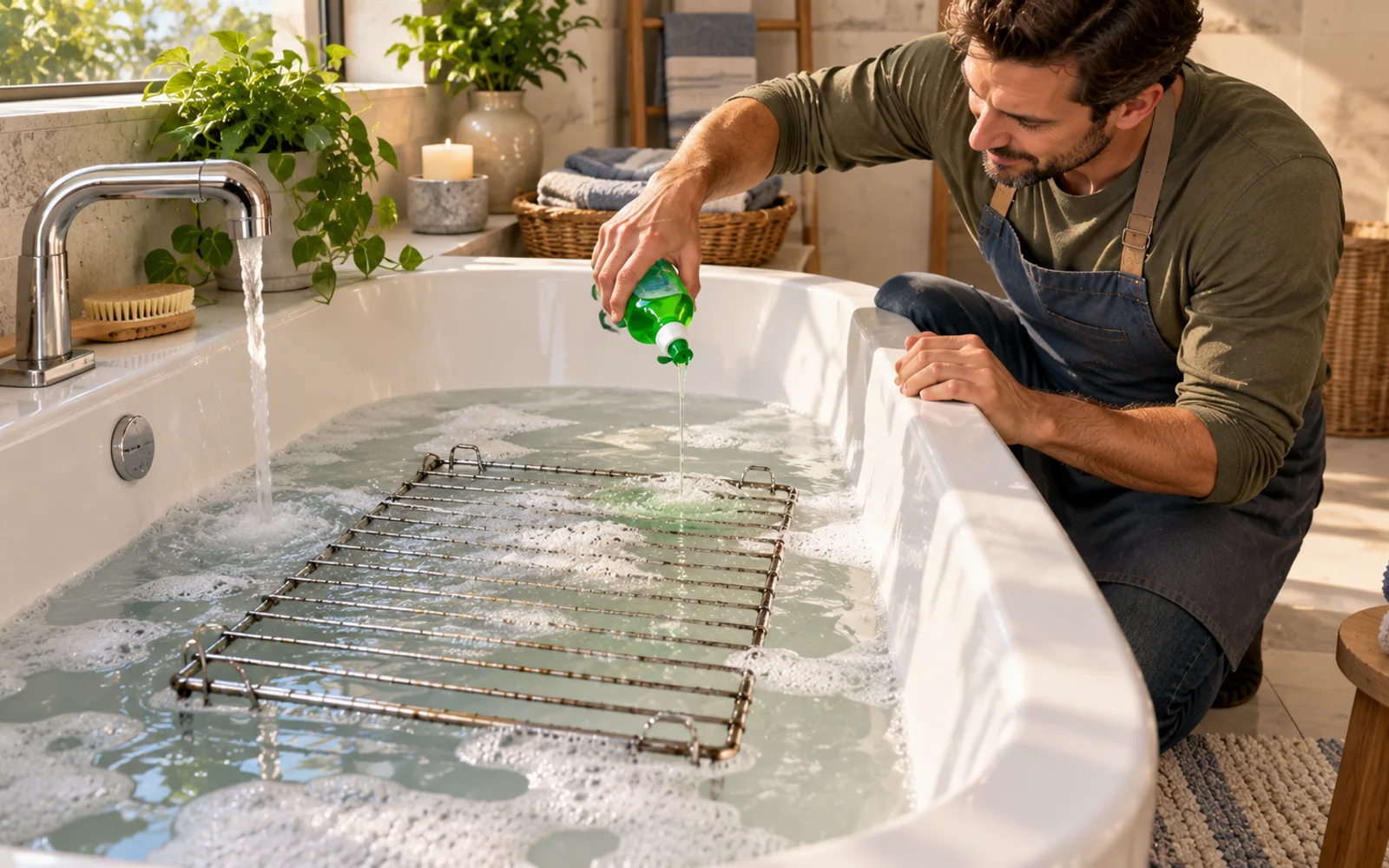 Gloved hand checking moderately warm water around a soaking oven rack