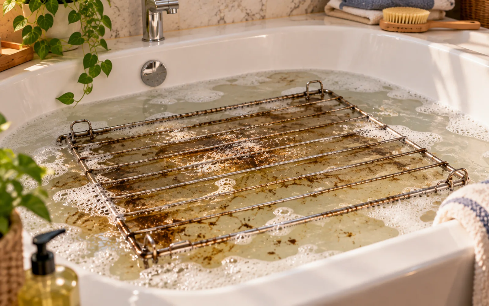 Partially submerged oven rack being flipped in a large sink