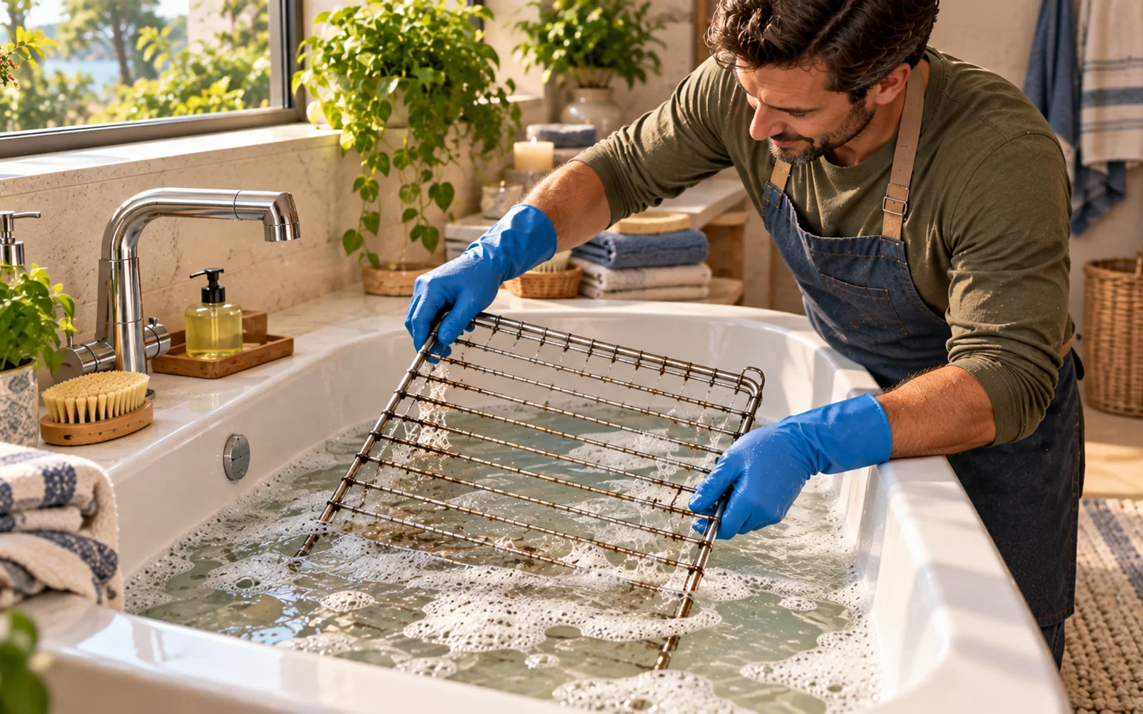 Non-scratch pad wiping softened grease from a small test area on an oven rack