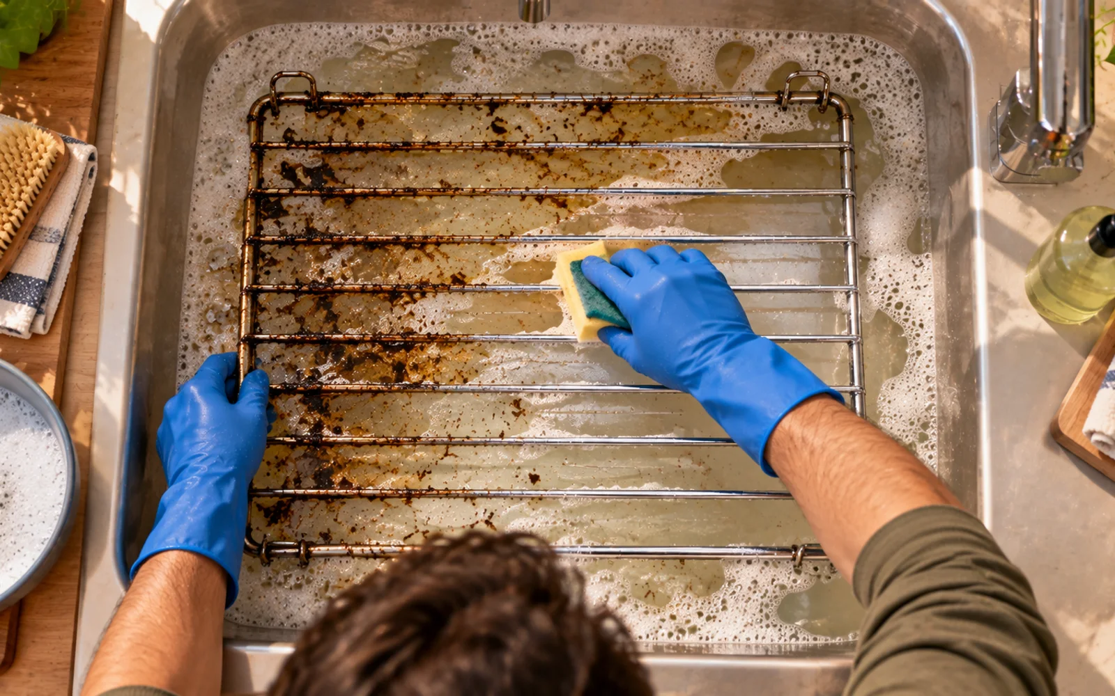 Oven rack being cleaned systematically from one side to the other