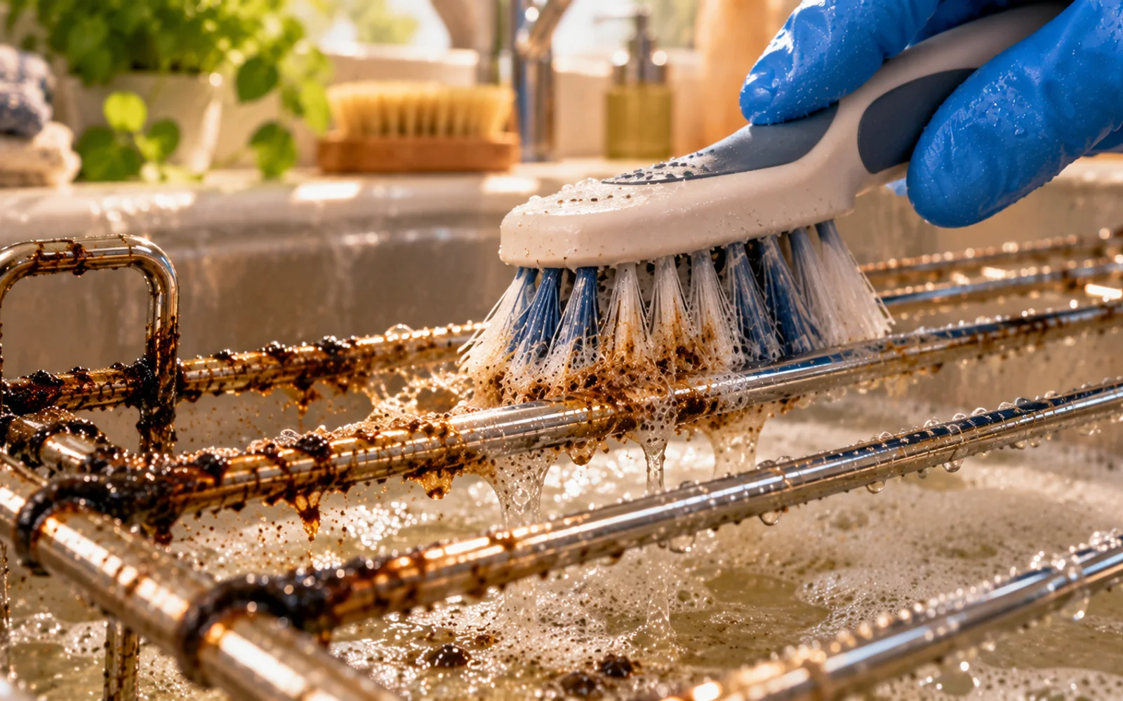 Nylon dish brush cleaning lengthwise along a chrome oven rack bar