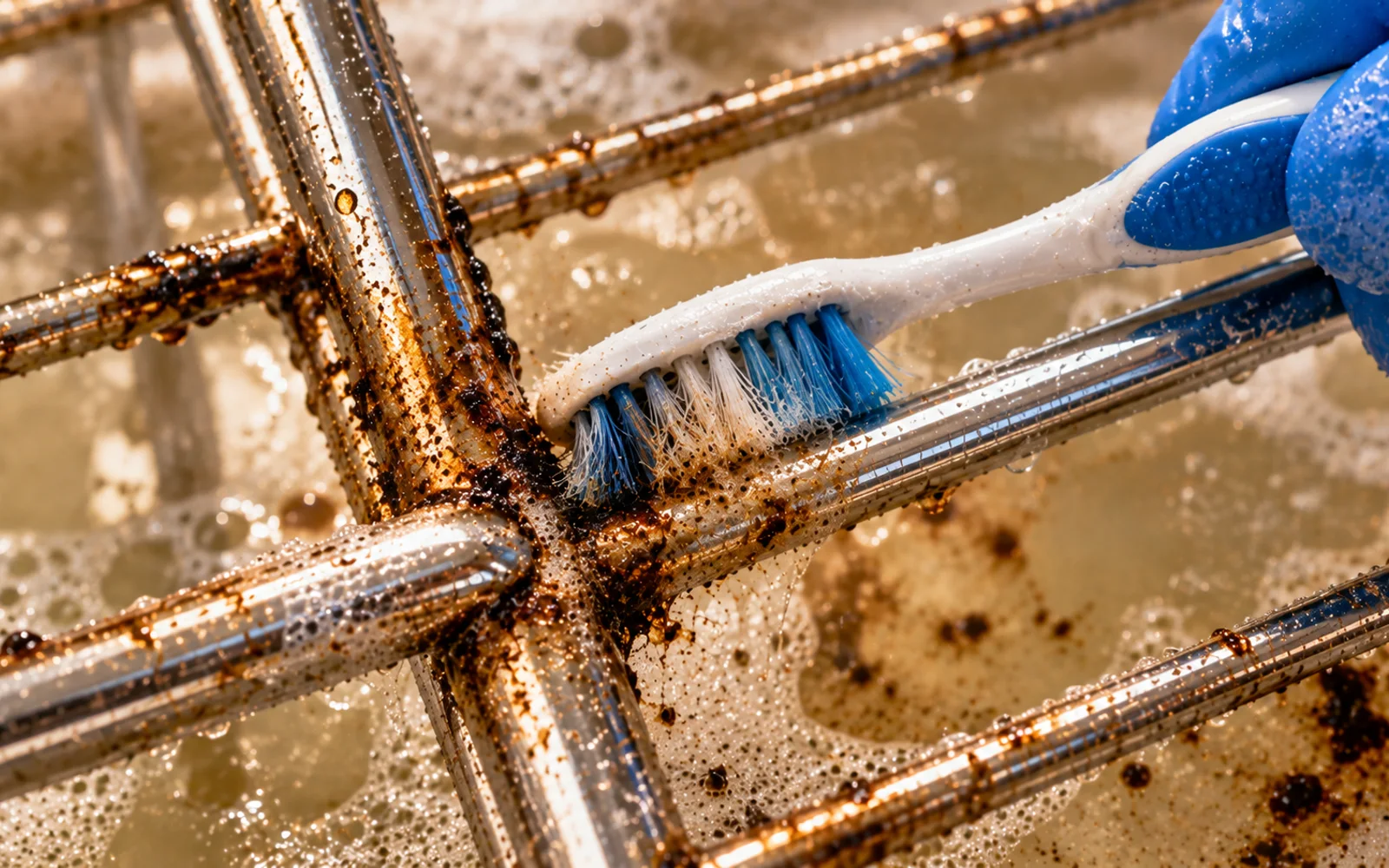 Toothbrush cleaning grease from the intersection of two oven rack bars