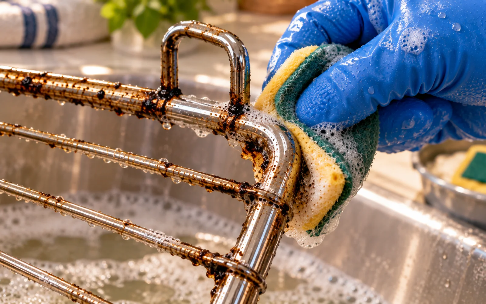 Non-scratch pad cleaning a greasy corner of an oven rack frame